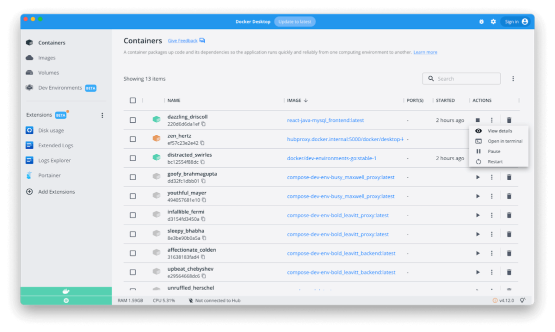 Dashboard view container details