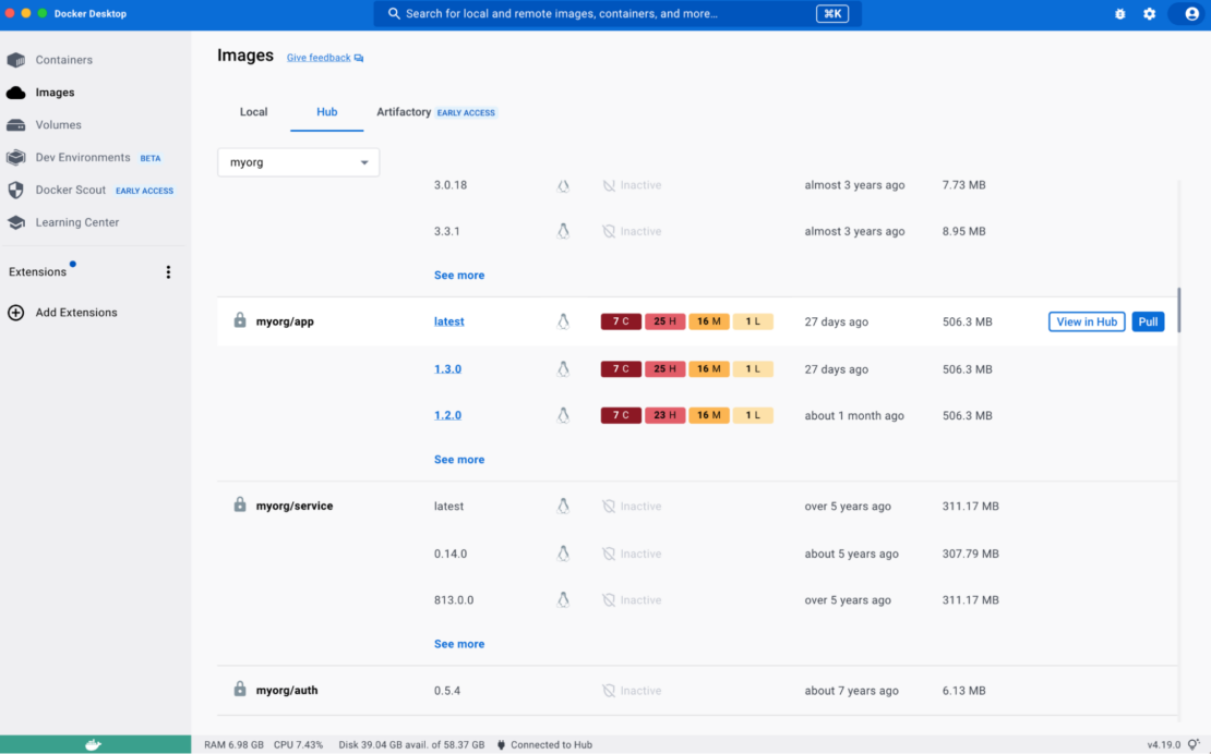 Images view of docker desktop showing myorg in hub with myorg/app, myorg/service, and myorg/auth
