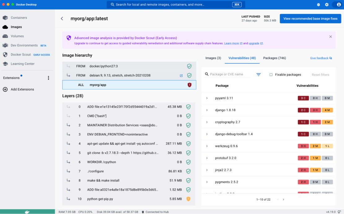 Myorg/app:latest in images view, showing image hierarchy, layers (28), and 48 vulnerabilities in 746 packages