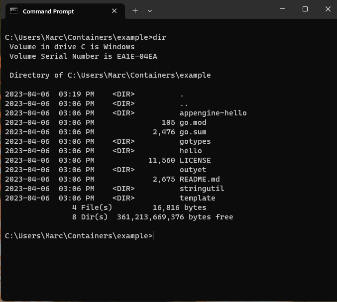 Screenshot of commandprompt showing directory of \users\marc\containers\example.