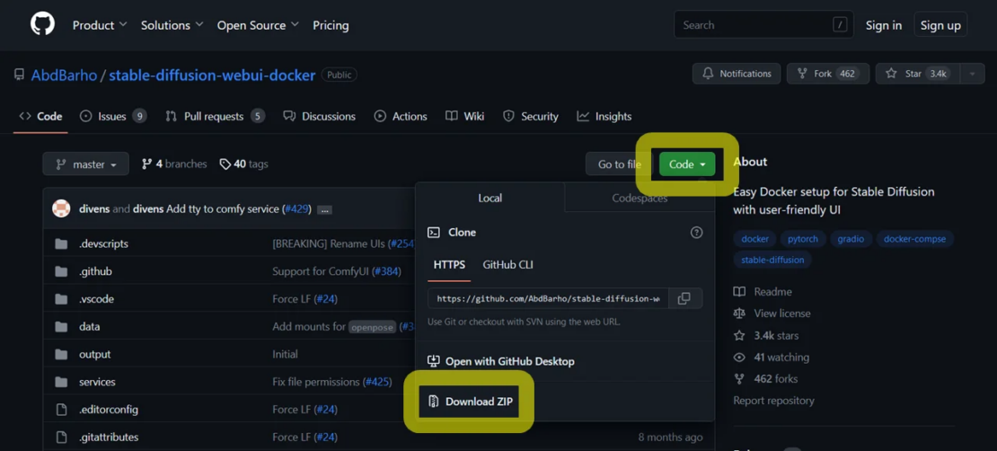 Screenshot showing stable diffusion webui docker being downloaded as zip file from github.