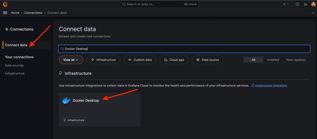 Screenshot of grafana cloud connections console.