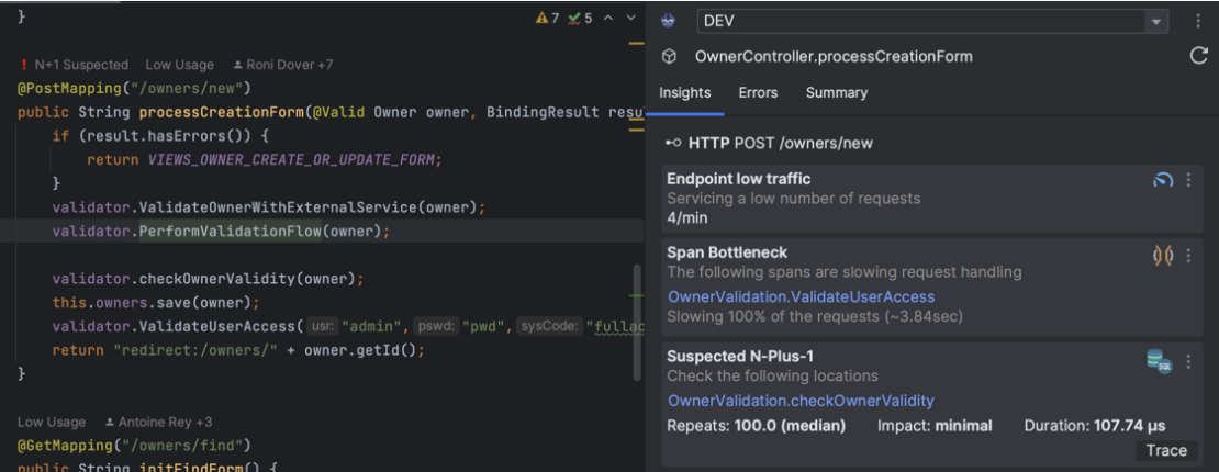 Screenshot showing digma insights after analysis.