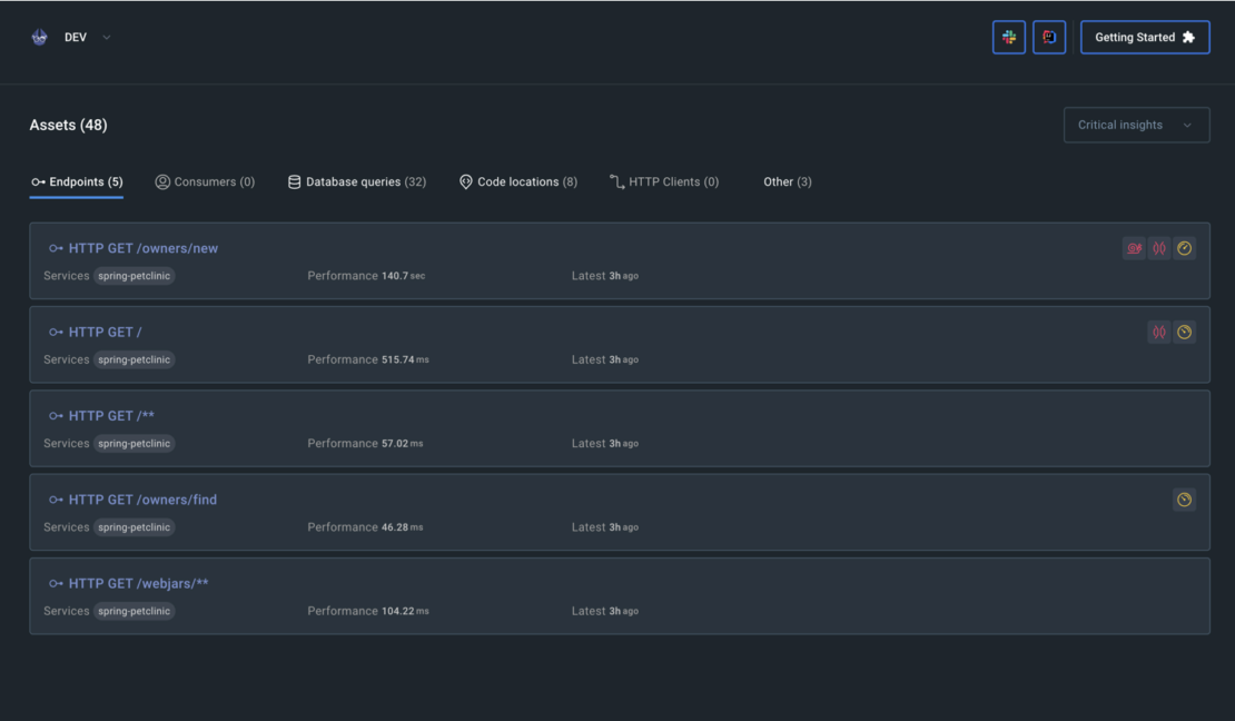 Screenshot of digma dashboard listing assets that have been identified.