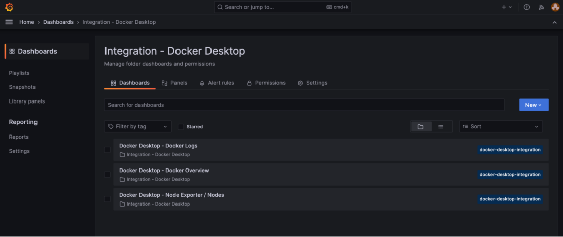 Screenshot of grafana dashboards page.