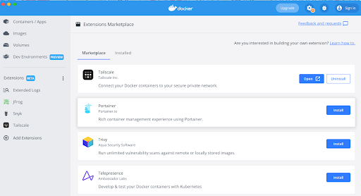 Docker extensions screenshot